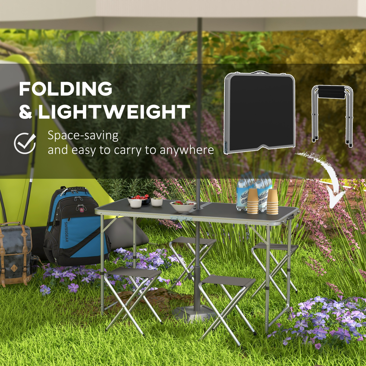 Outsunny Folding Camping Table and 4 Chairs Set with Adjustable Height & Parasol Hole – Aluminium, Black and Silver