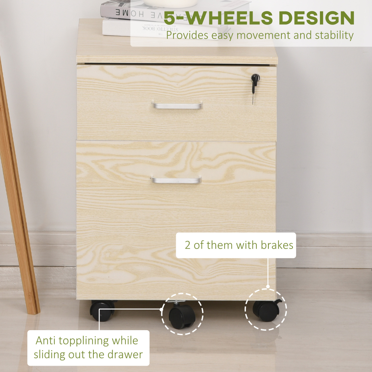 Vinsetto 2-Drawer Locking Mobile Filing Cabinet on Wheels – Home Office Document Storage, Oak