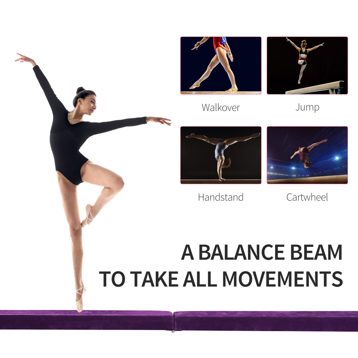 HOMCOM 2.1m Folding Balance Beam with Suede Cover – Gymnastics Skill Trainer for Kids & Teens, Purple
