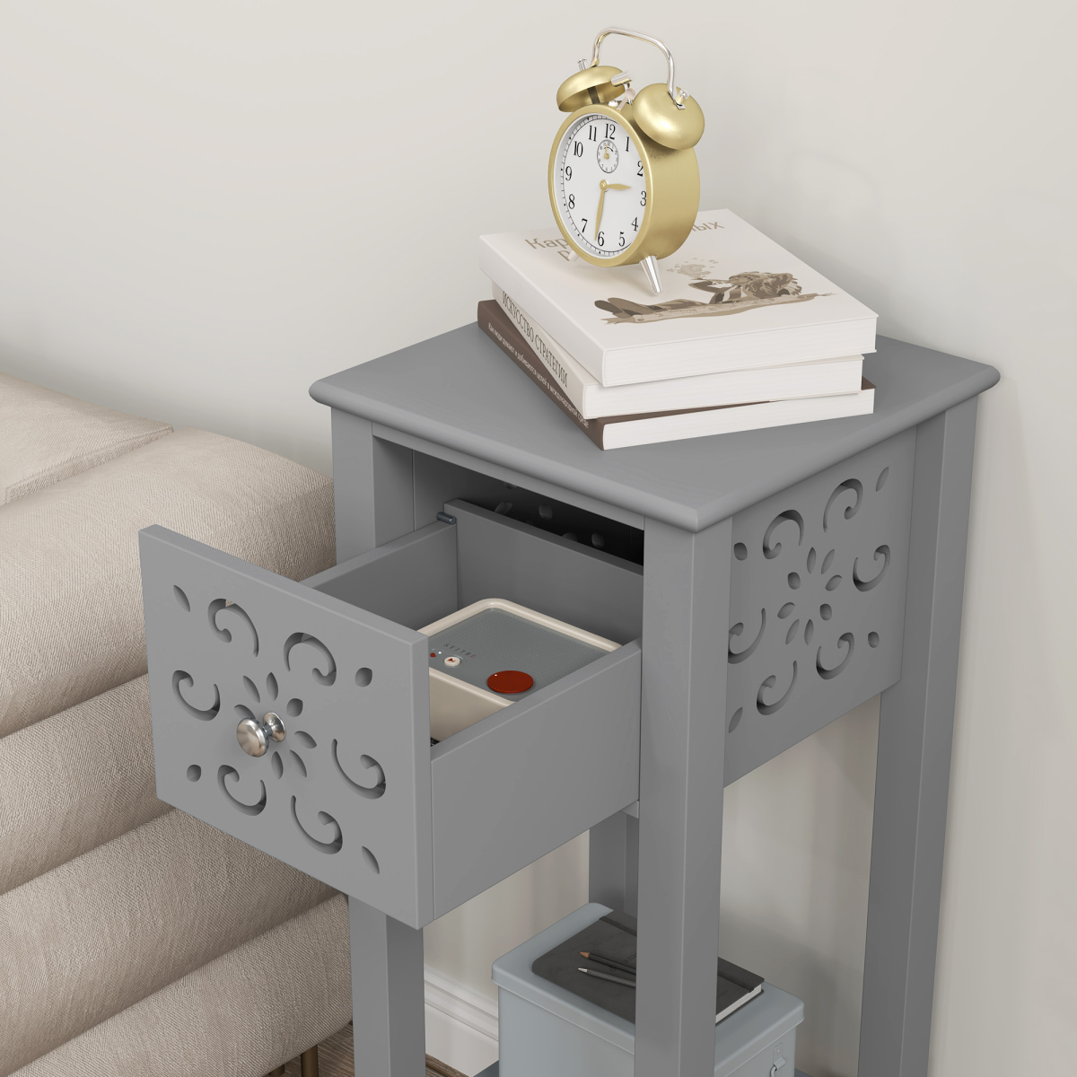 HOMCOM Set of 2 Grey MDF Storage Units with Floral Cut-Out Design, Drawers & Anti-Tip Straps
