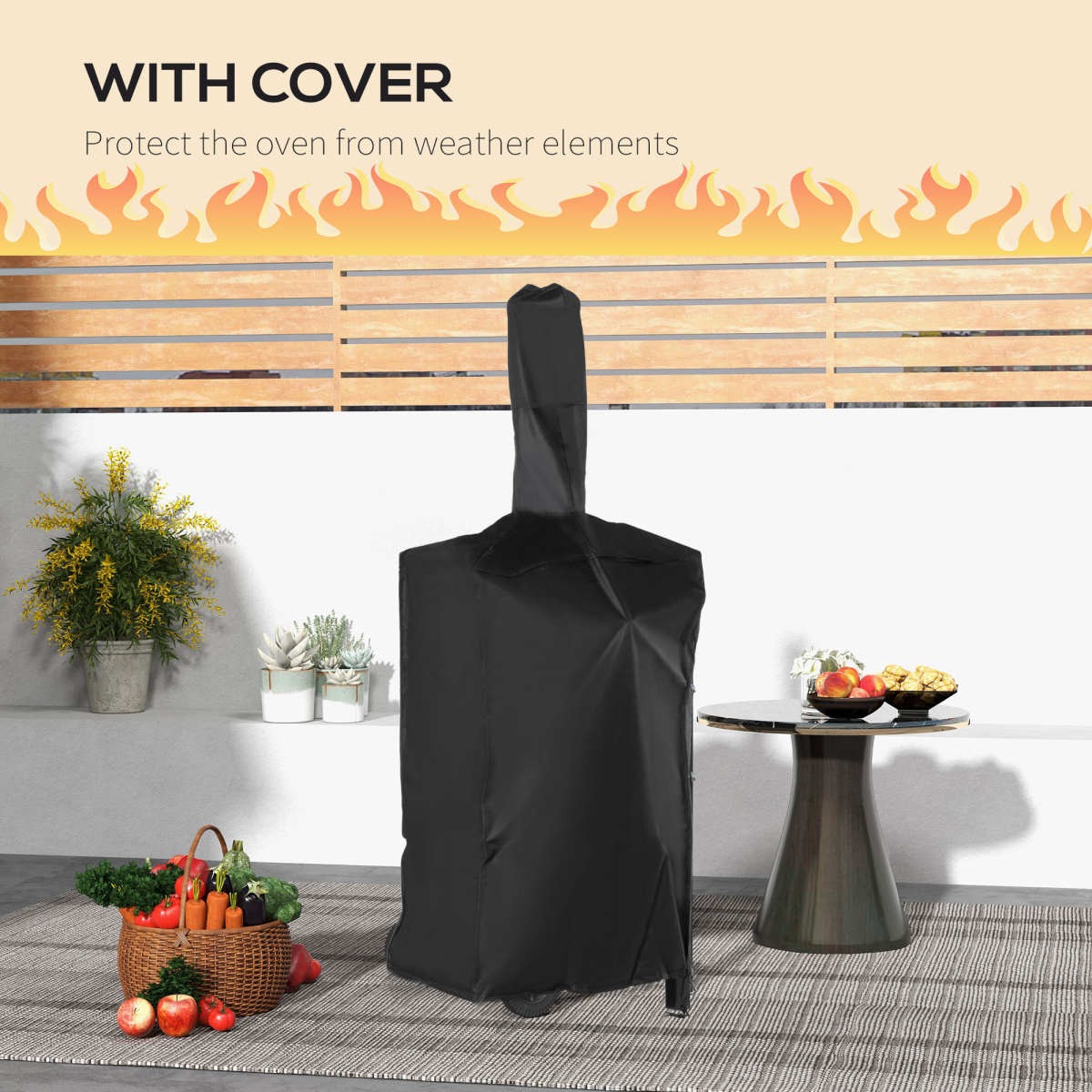 Outsunny Charcoal Pizza Oven Grill with Rain Cover, Thermometer, Wheels & Storage Shelf – Outdoor Garden Cooking, Black