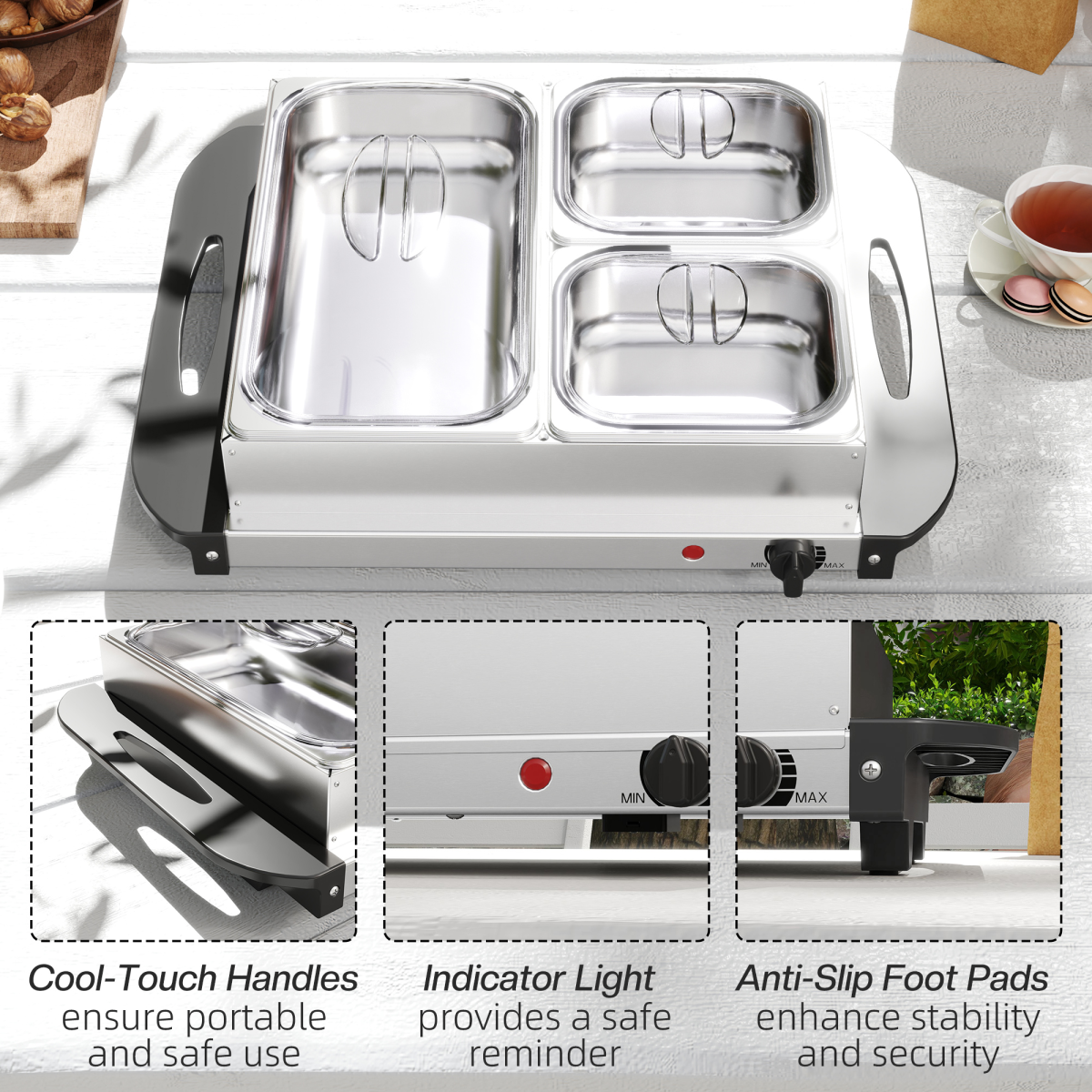 HOMCOM 6L Electric Food Warmer Buffet Server with 3 Lidded Trays & Warming Plate – Party Catering
