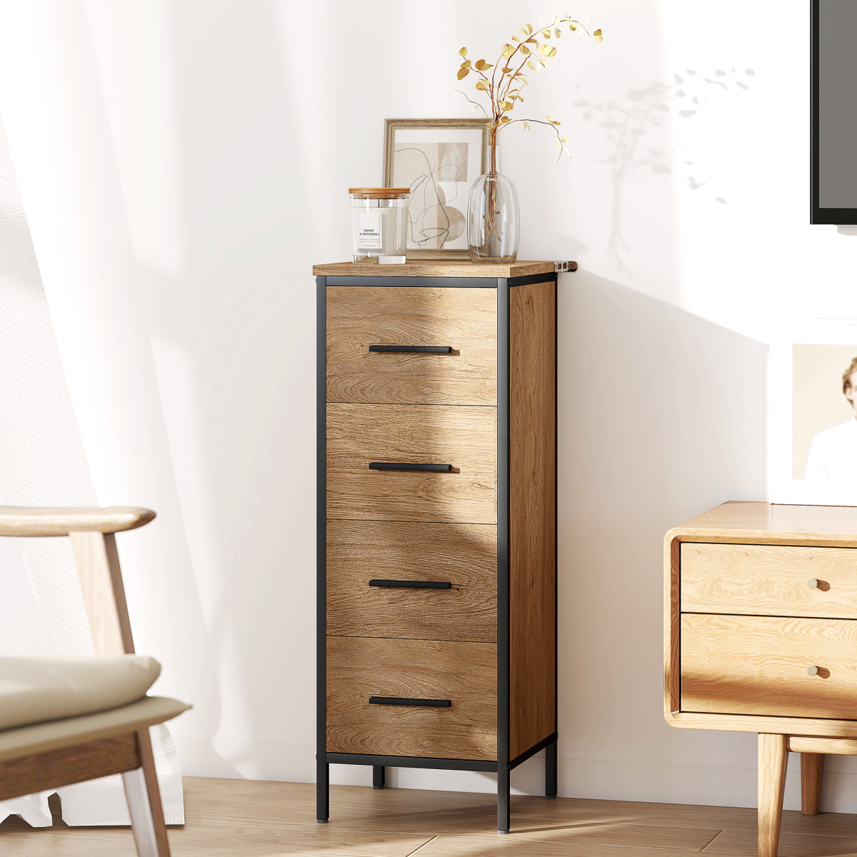 HOMCOM Narrow Bathroom Storage Cabinet with 4 Drawers – Industrial Style Space-Saving Unit, Oak