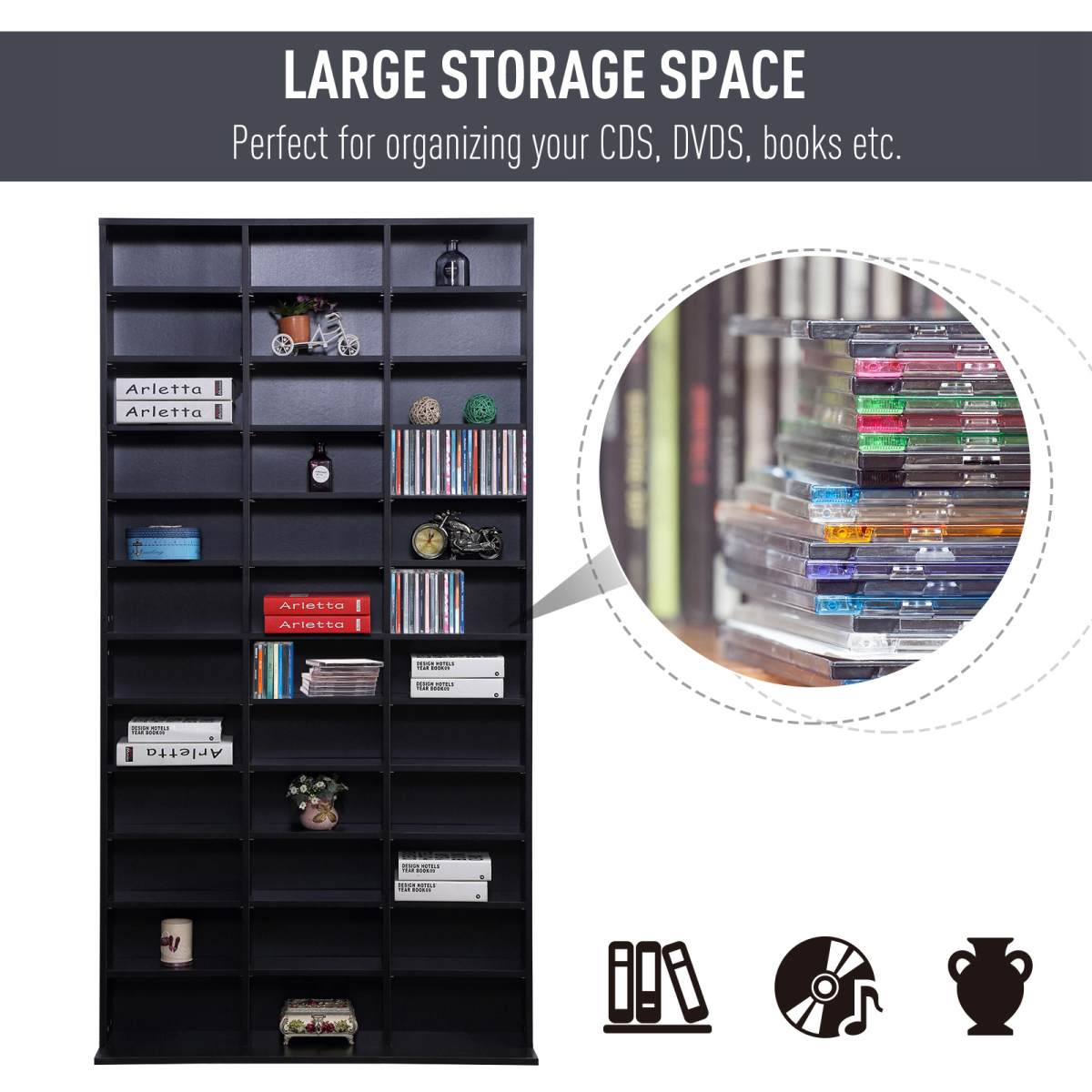 HOMCOM CD & DVD Media Storage Shelves with Contemporary Wooden Frame – Slim Display Tower, Black