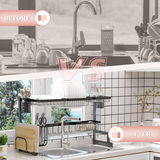 HOMCOM Over The Sink Dish Drainer Rack with Utensil Holders, Knife Holder & Hooks – 2-Tier Steel Rack, Black