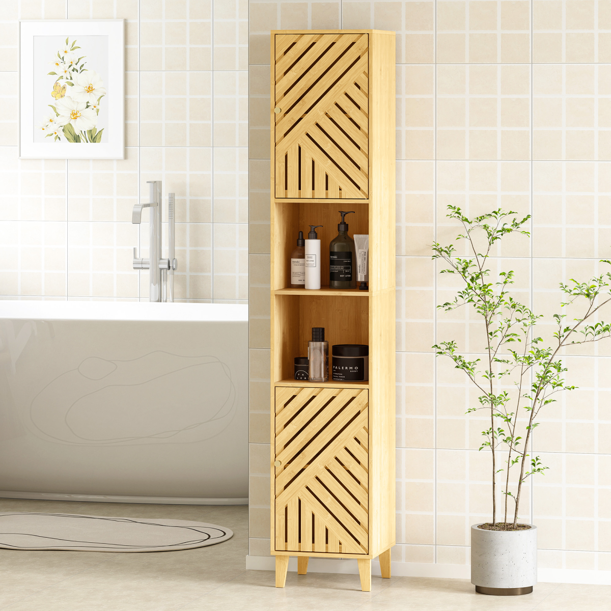 HOMCOM Tall Slim Bathroom Cabinet with Bamboo Doors, Open Compartments & Adjustable Shelves – Storage, Natural