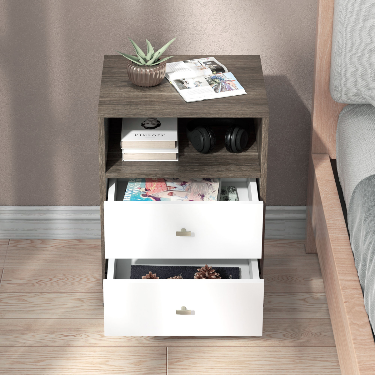 HOMCOM Modern Bedside Tables Set of 2 with 2 Drawers & Open Cubby – Scandinavian-Industrial Nightstands