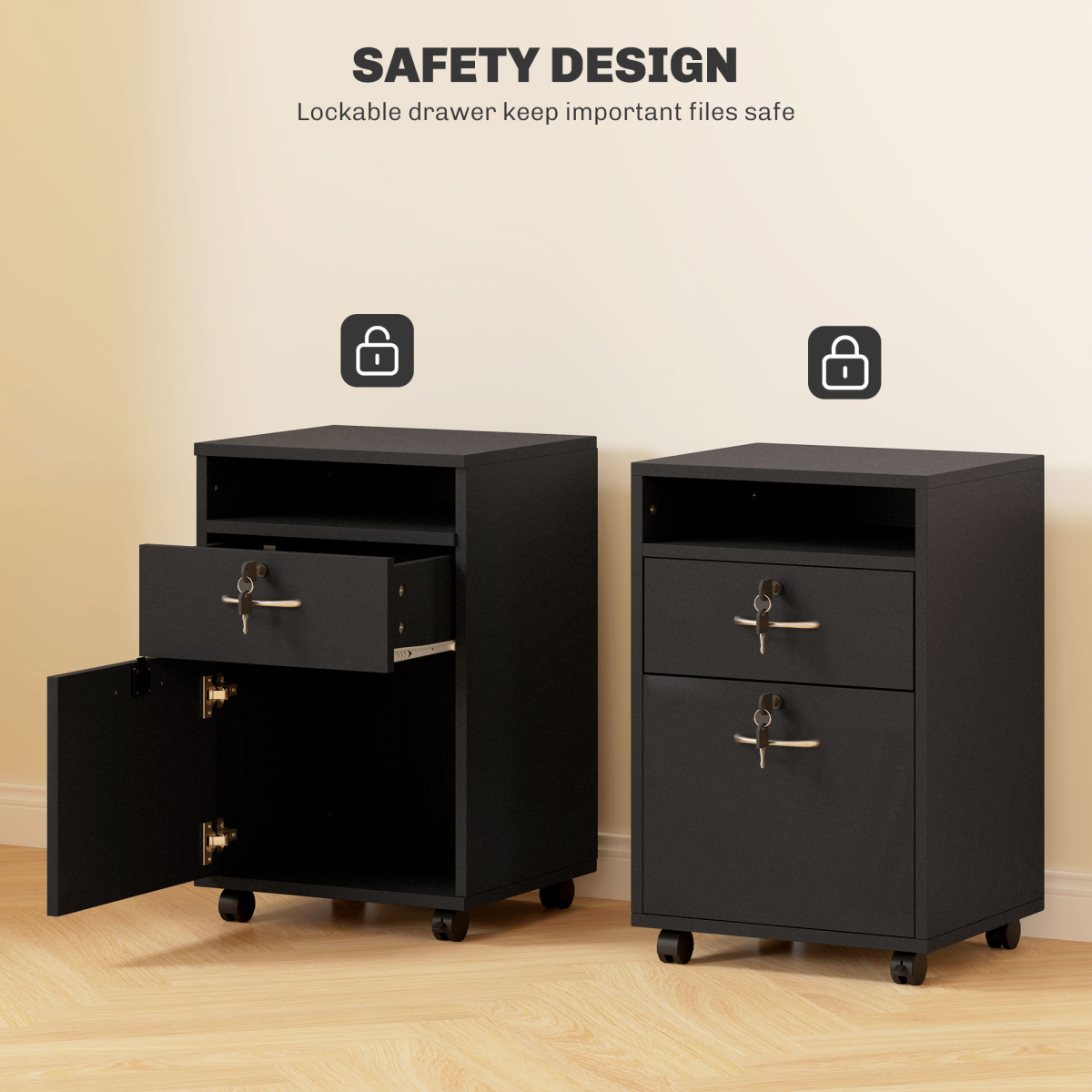 HOMCOM 60cm Mobile Storage Cabinet with Drawer, Cupboard and Open Shelf – Lockable Wheels, Black