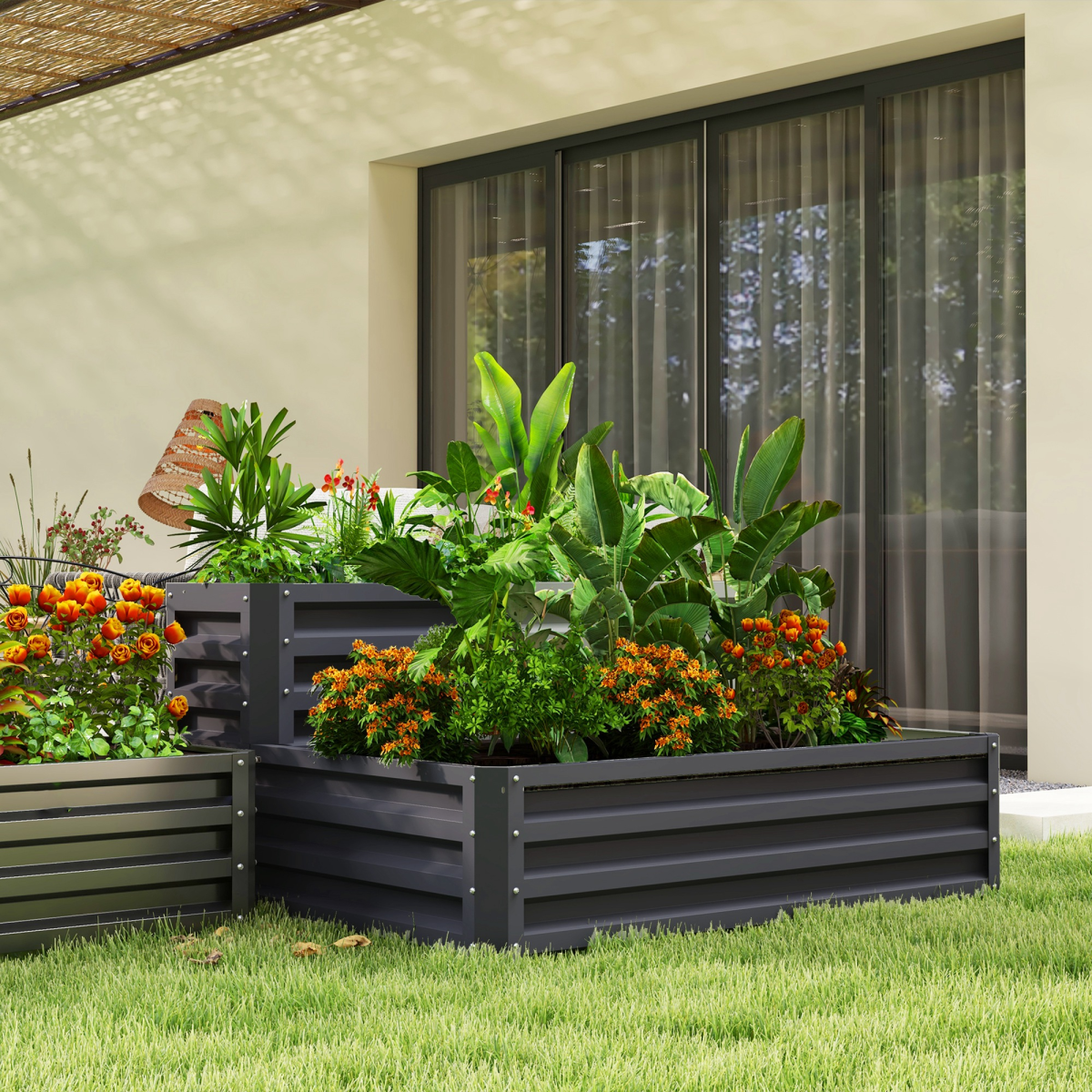 Outsunny 2 Tier Galvanised Steel Raised Garden Bed Planter Box – Open-Bottom Planter for Herbs & Flowers, Dark Grey