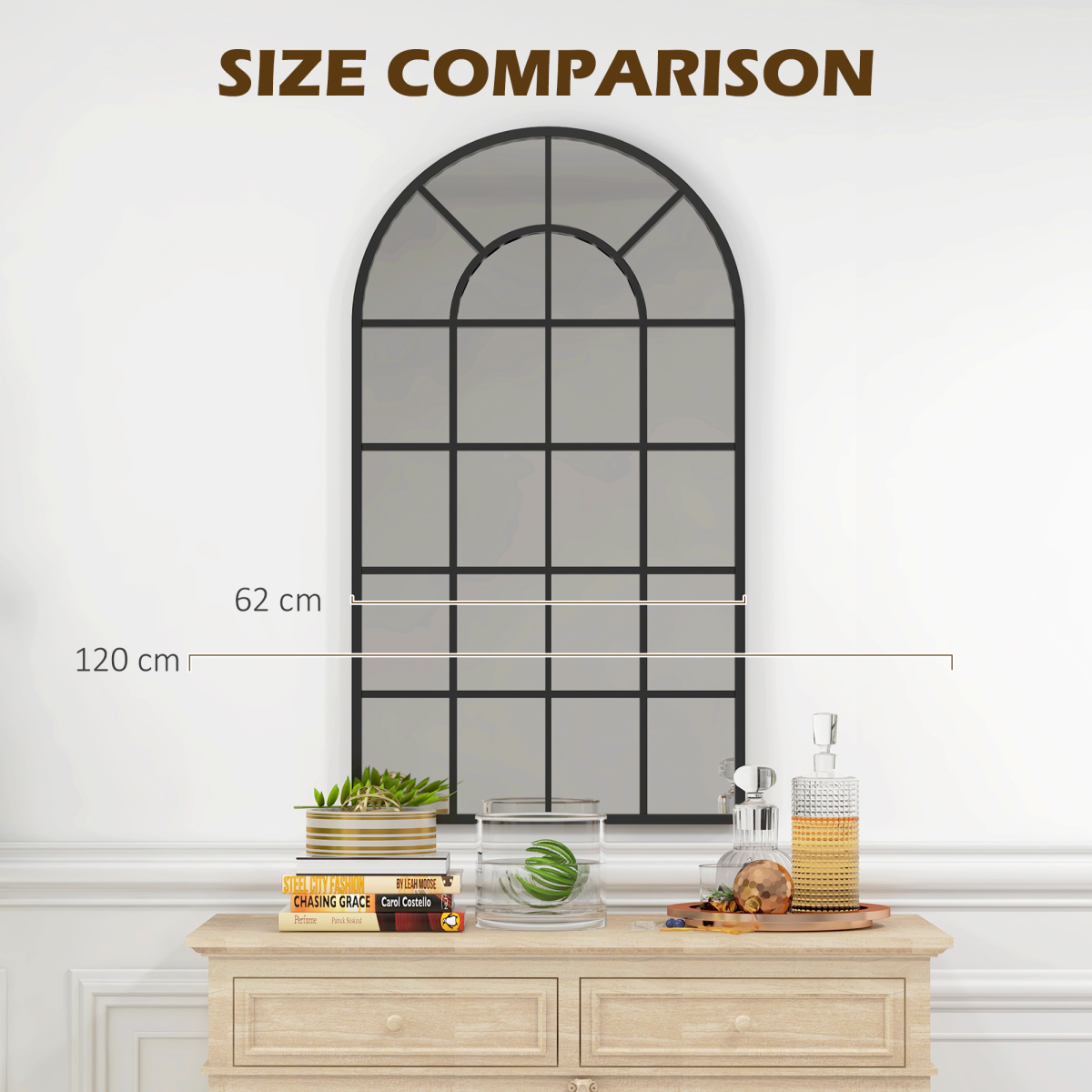 HOMCOM Modern Arched Window Wall Mirror, 110 x 62cm – Large Window-Pane Mirror, Black