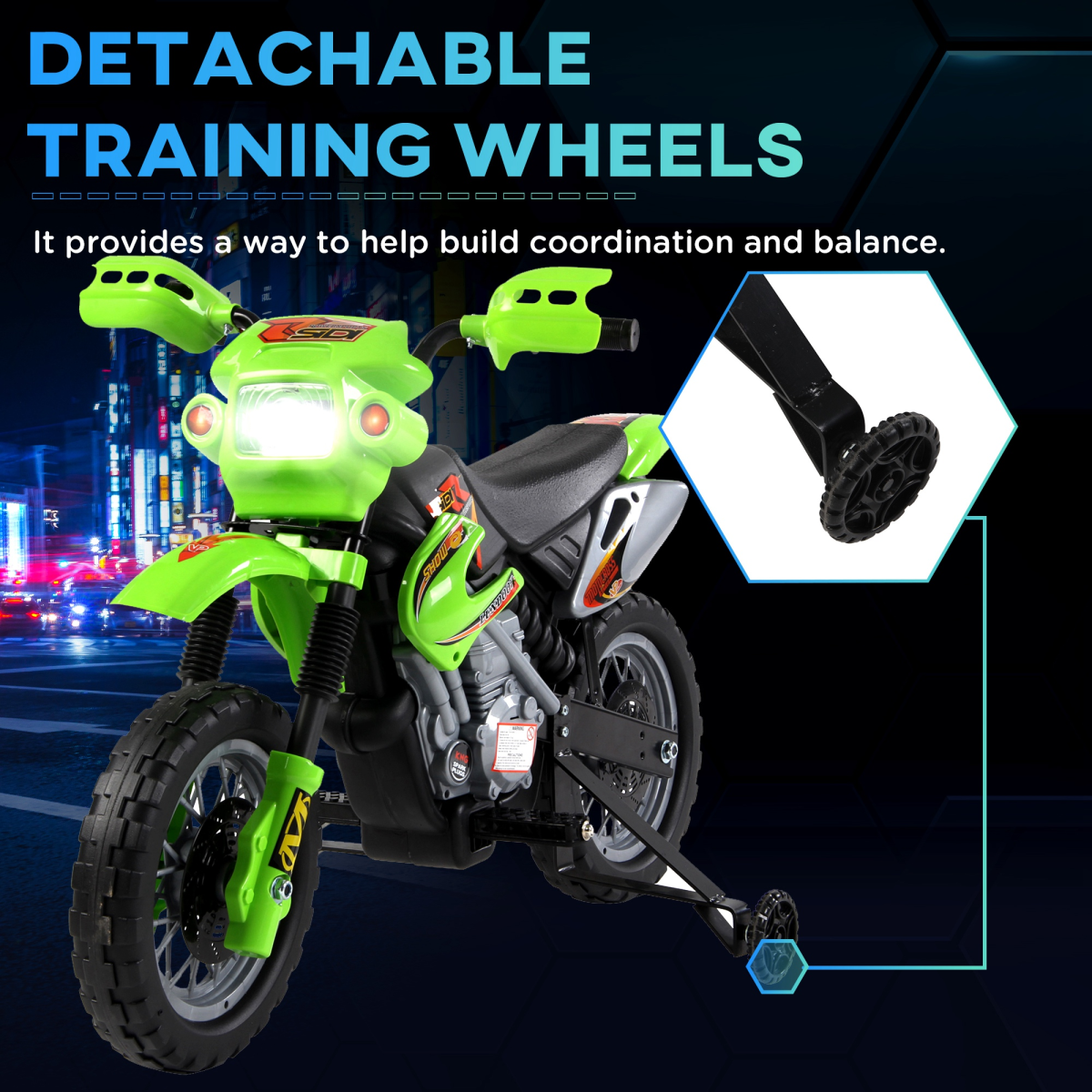 Kids 6V Electric Ride-On Motorbike with Headlights, Music and Horn – Motocross Style for Ages 3–6, Green