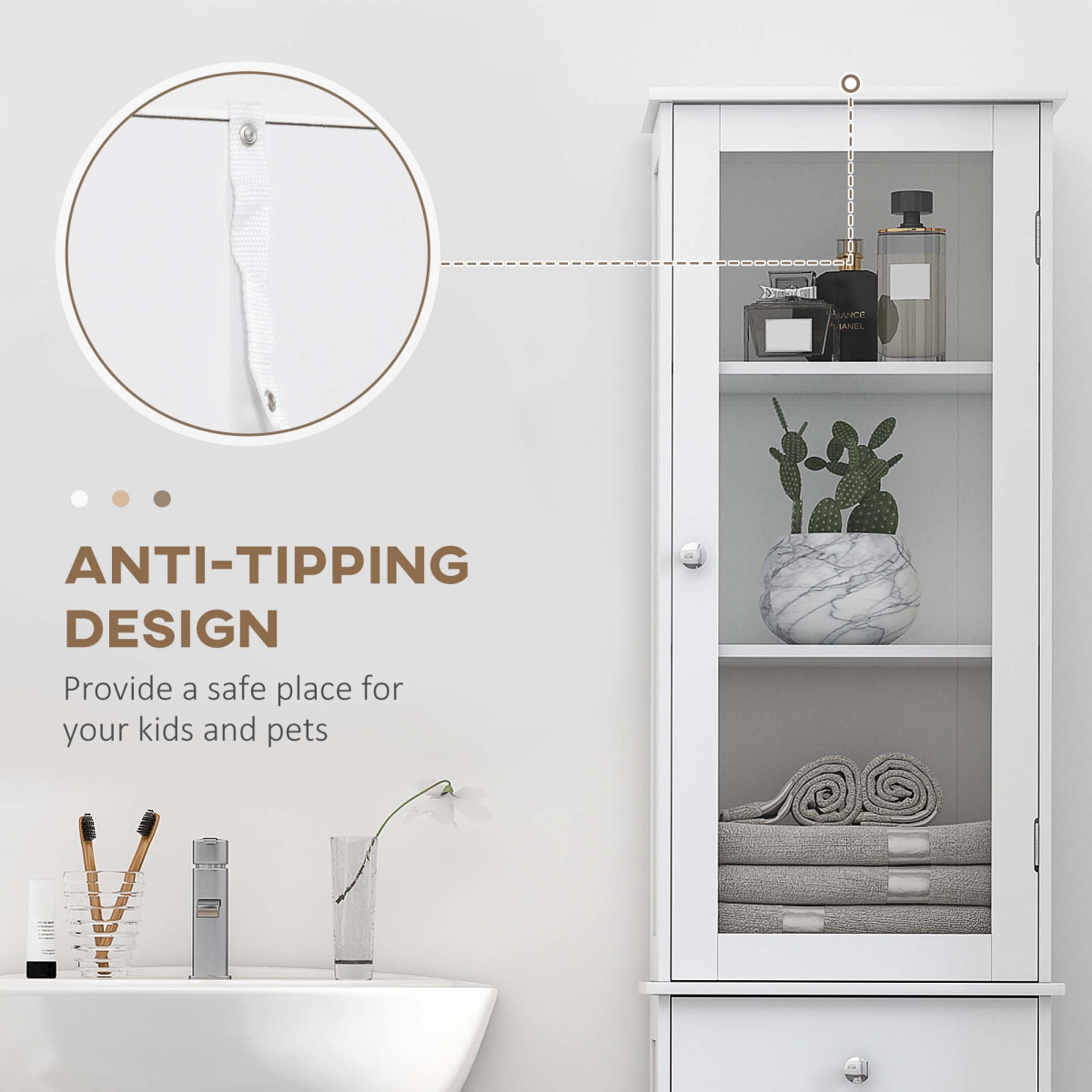 kleankin Tall Bathroom Storage Cabinet with 3 Open Shelves and Acrylic Door – Narrow Anti-Toppling Unit, White