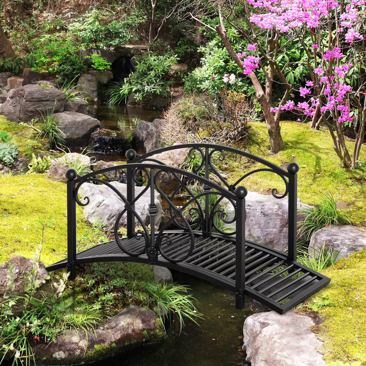Outsunny Decorative Metal Garden Bridge with Safety Rails, 102cm – Arched Footbridge for Streams & Ponds