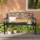Outsunny 2-Seater Powder Coated Steel Garden Bench with Floral Backrest – Patio Seating, Black