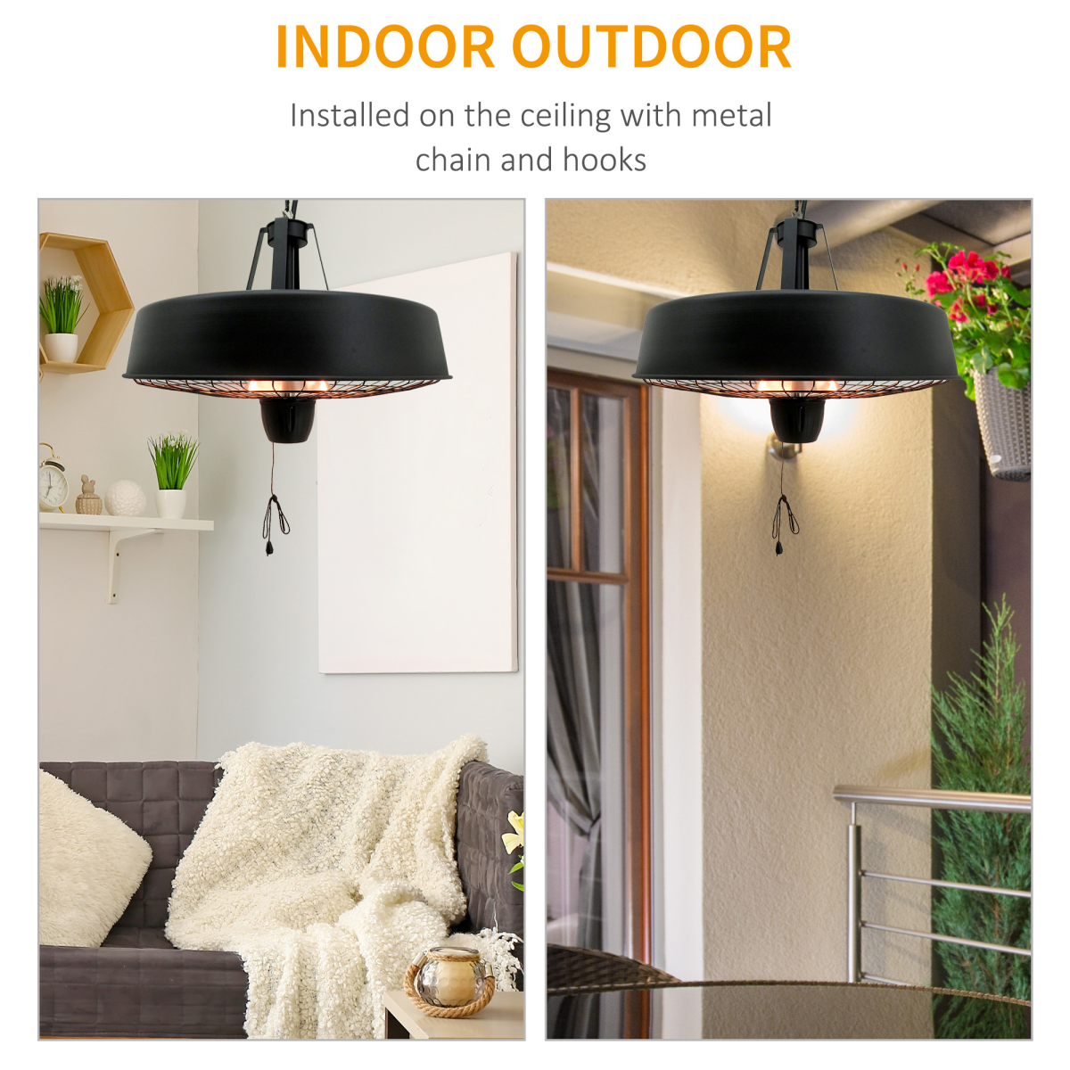 HOMCOM Hanging Halogen Infrared Patio Heater, 1000W/2500W with Chains – Gazebo & Pergola Heater, Black