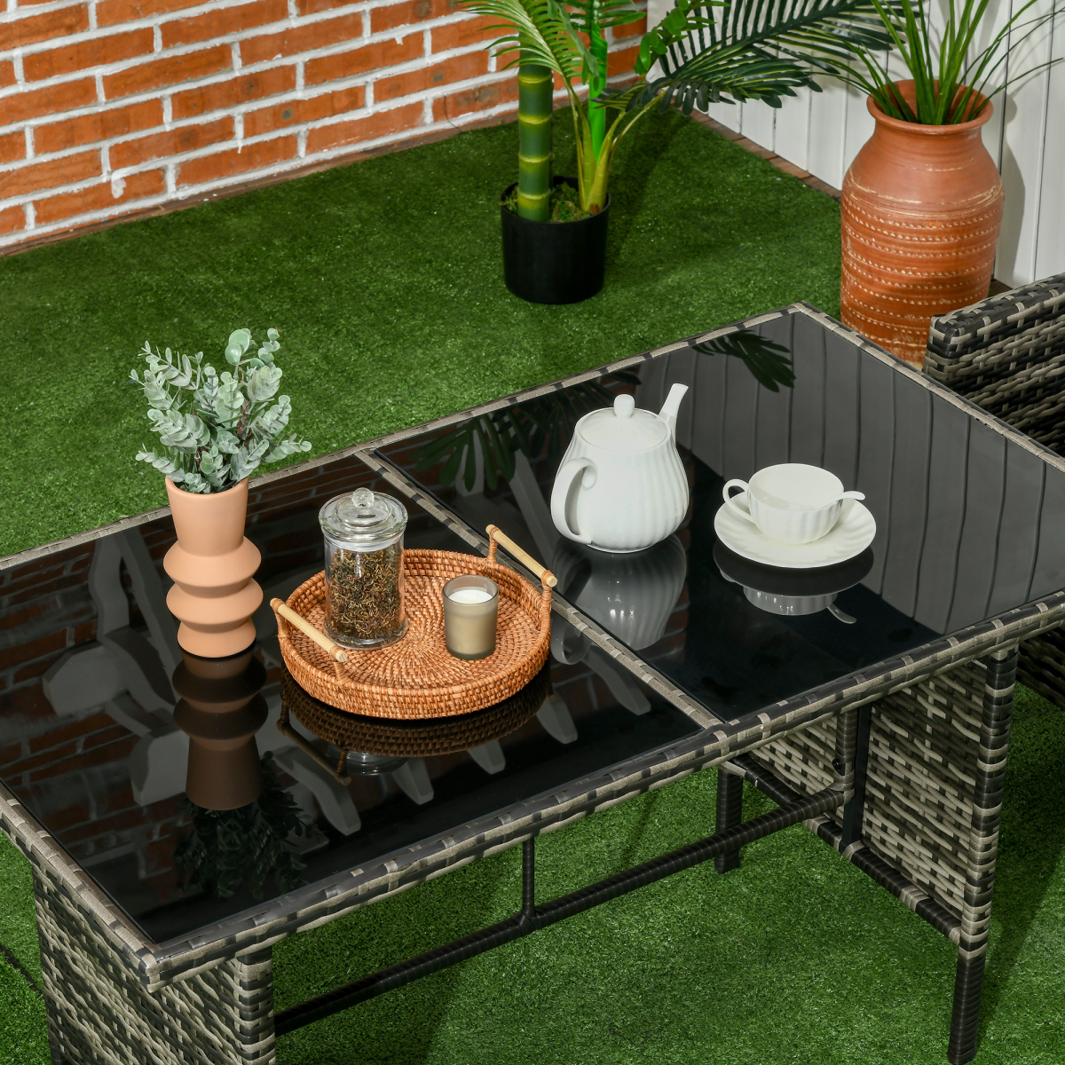 Outsunny Six Piece Rattan Garden Furniture Set with Sofa, 2 Armchairs, 2 Footstools & Glass Table – Grey