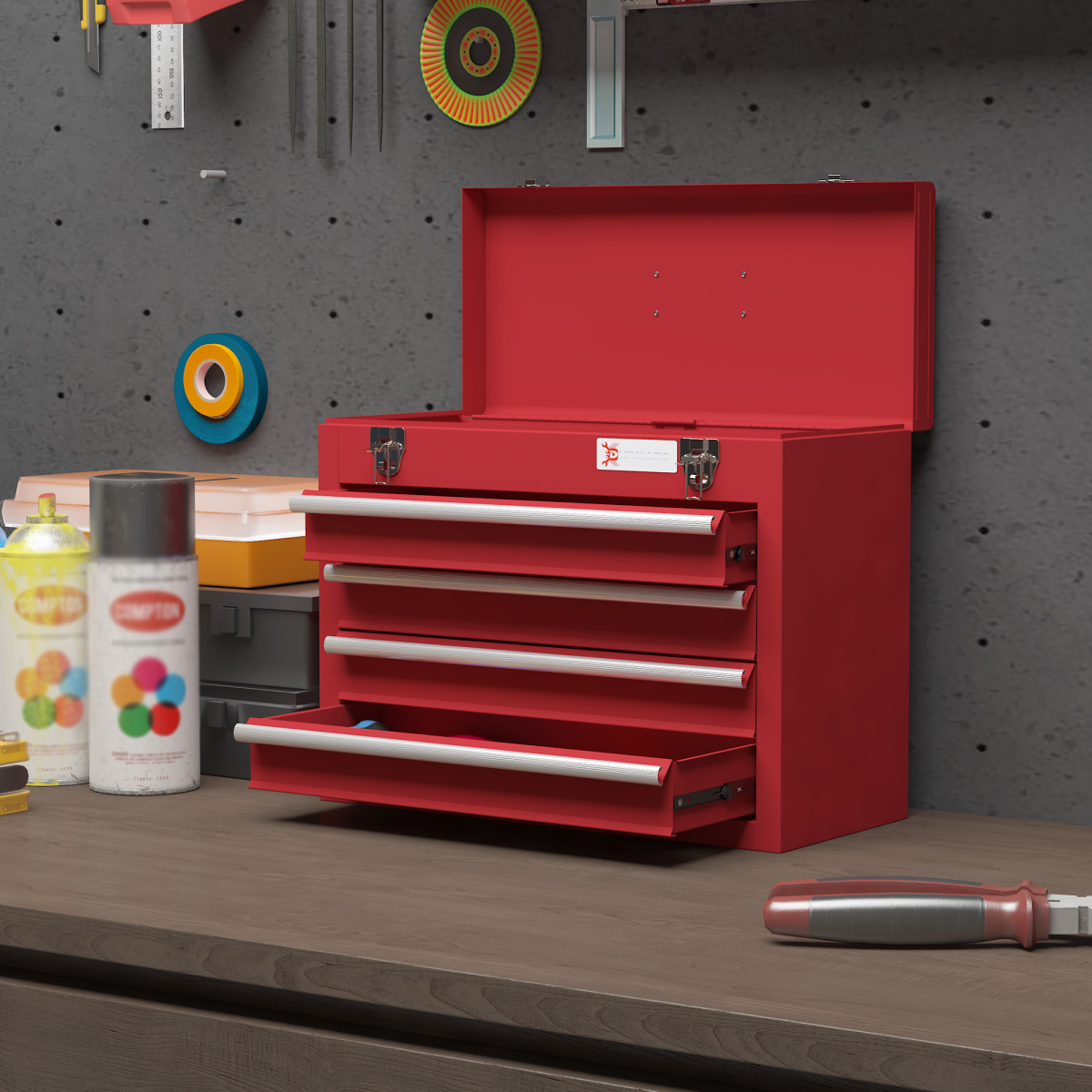 DURHAND Lockable 4-Drawer Steel Tool Chest with Ball Bearing Slides and Top Compartment, Red