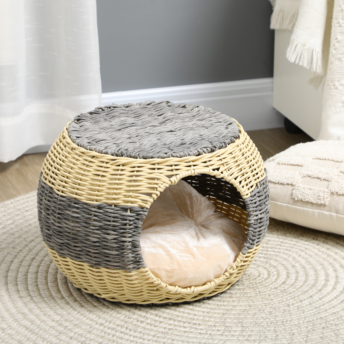 PawHut Wicker Cat House with Soft Cushion, PE Rattan Raised Cat Bed – Enclosed Pet Cave, 40 x 30cm