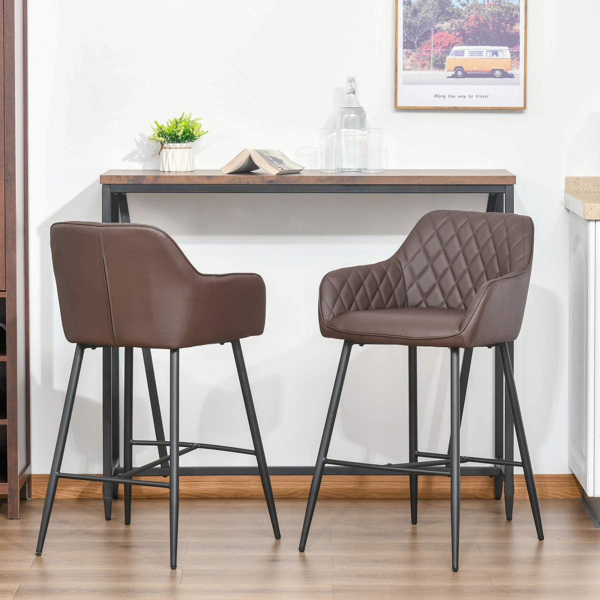 HOMCOM Retro PU Leather Bar Chairs with Footrest & Metal Frame – Set of 2 Kitchen Bar Stools