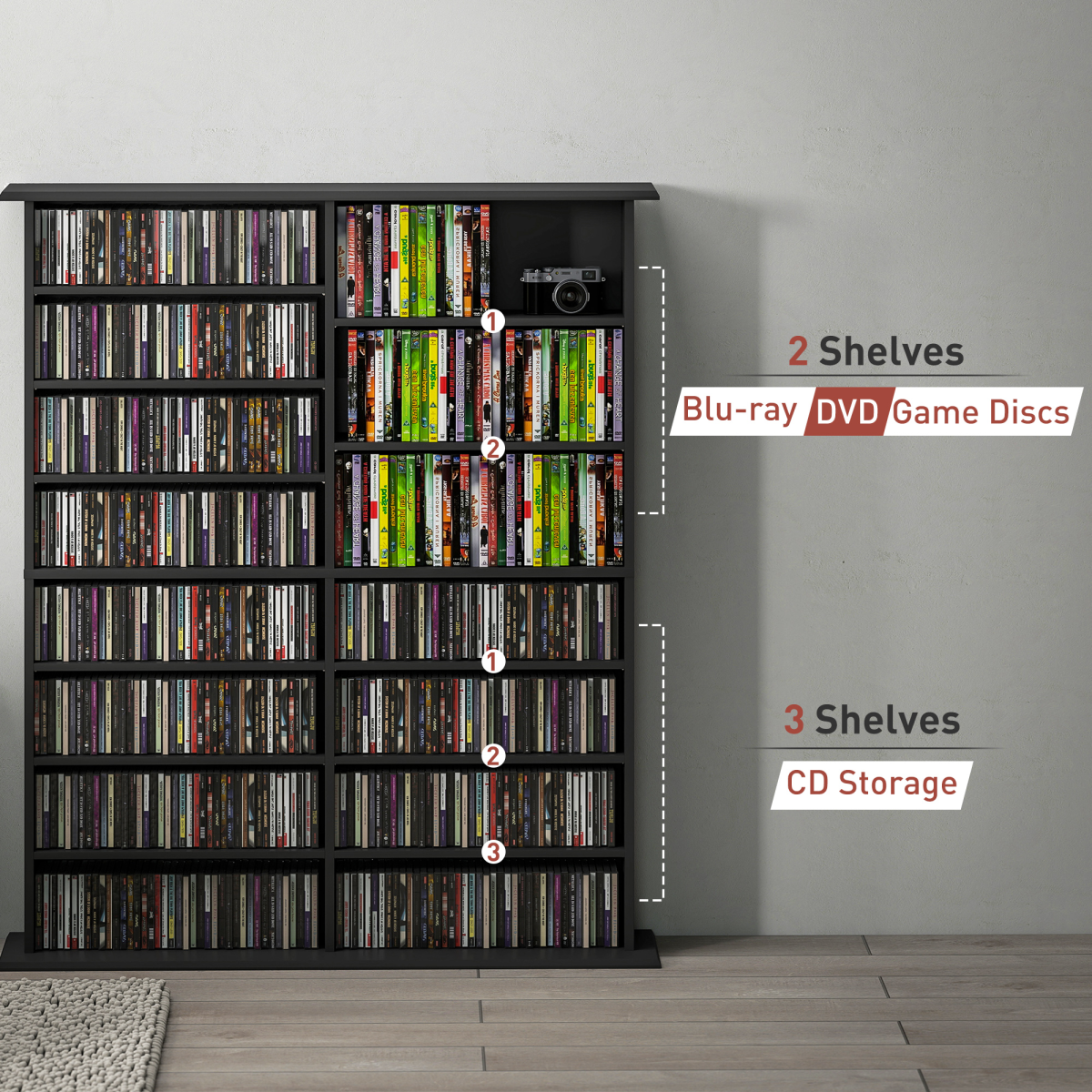 HOMCOM CD and DVD Storage Tower – Holds 720 CDs or 396 DVDs/Blu-rays, Black