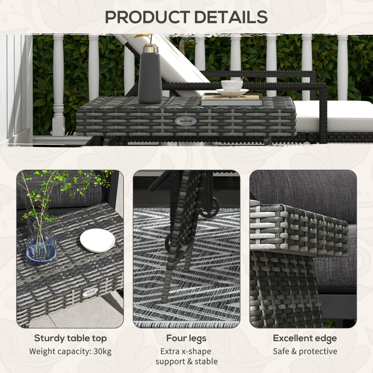 Outsunny Foldable Outdoor Coffee Table with Steel Frame and PE Rattan Top – Garden Side Table, Mixed Grey