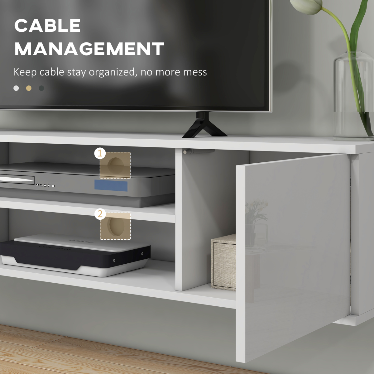 HOMCOM Wall-Mounted Floating TV Unit for TVs up to 60" with Shelves & Cabinets – High Gloss White