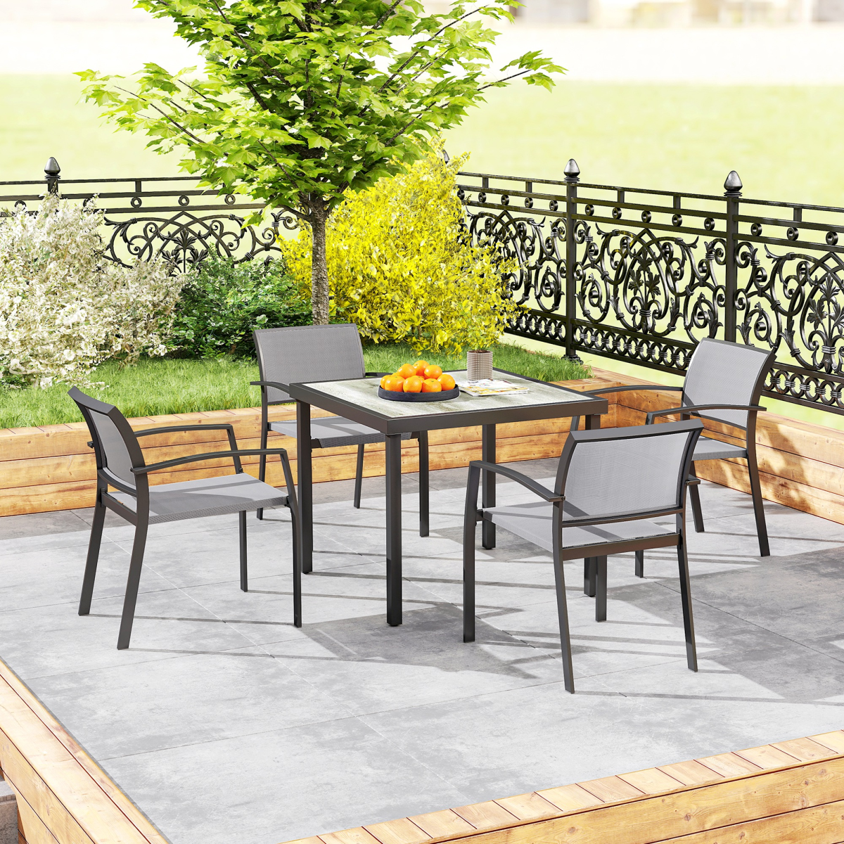 Outsunny 5-Piece Garden Furniture Set with Square Table & 4 Stackable Armchairs – Steel Frame, Grey