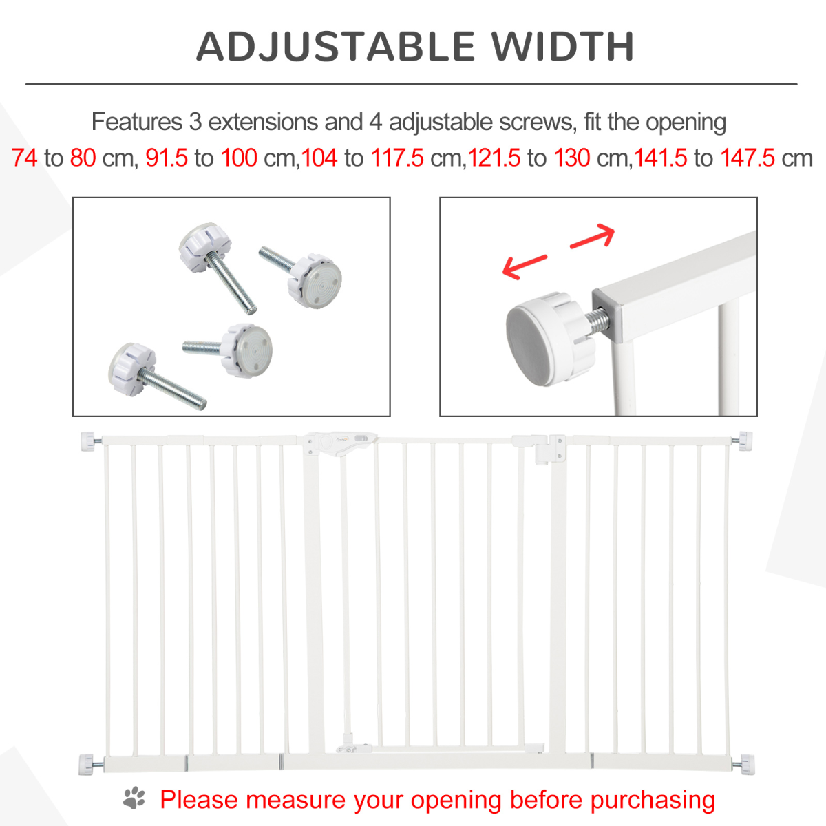 Pawhut Adjustable Metal Pet Safety Gate with 3 Extensions & Auto-Close Door – Double Lock, White