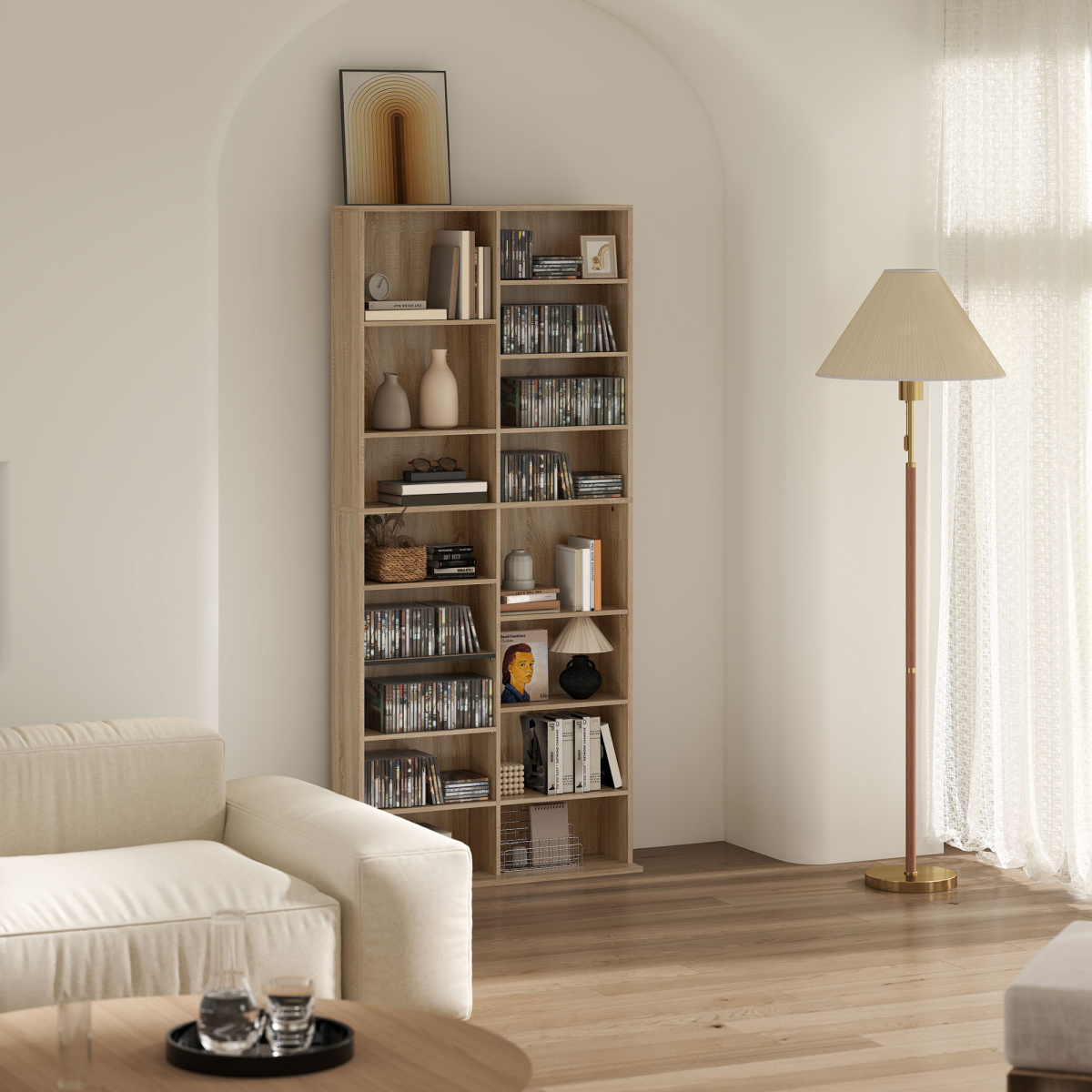 HOMCOM CD & DVD Storage Tower with 18 Compartments – Holds 640 CDs or 360 DVDs, Natural Wood Finish