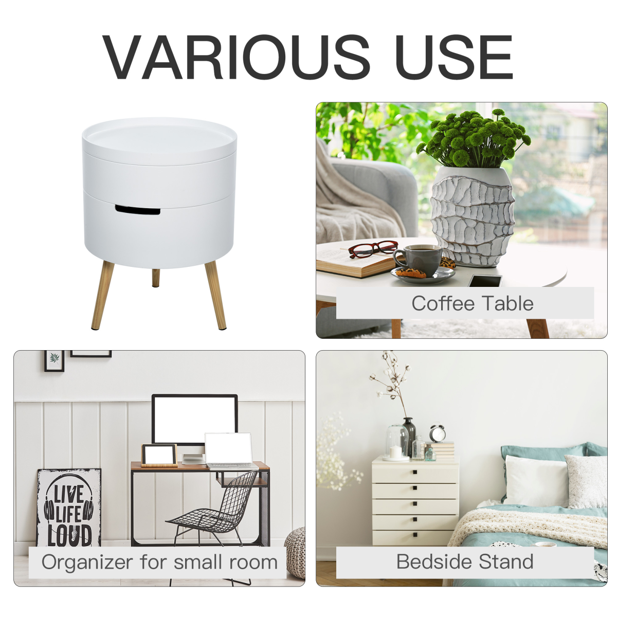 HOMCOM 3-Part Side Table with Detachable Top and Storage – Coffee Table, End Table & Nightstand, White