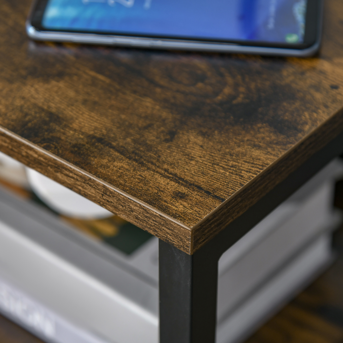 HOMCOM Industrial End Table with Two Drawers & Shelf, Metal Frame – Slim Bedside Storage Cabinet, Rustic Brown