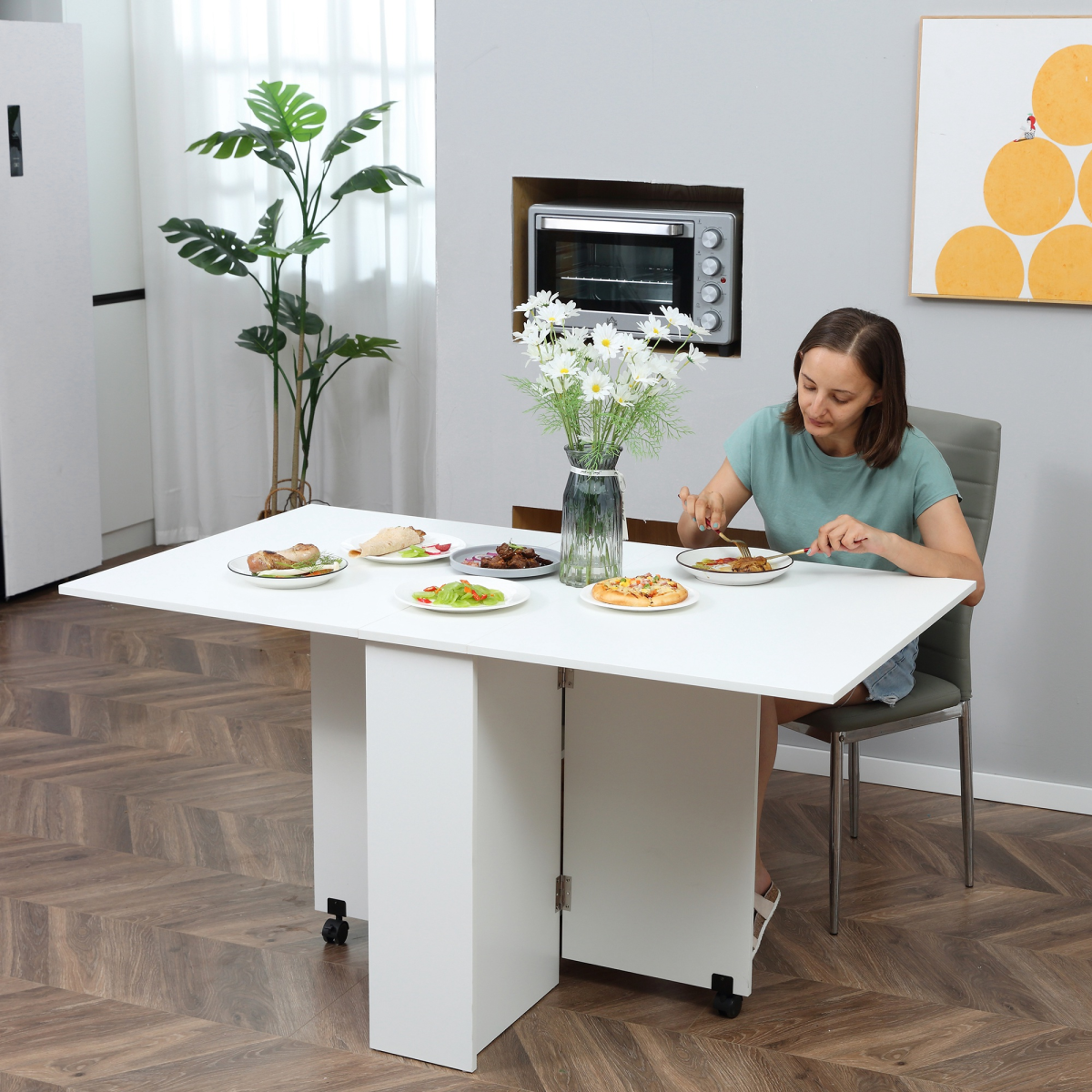HOMCOM Mobile Drop Leaf Kitchen Table with Storage Shelves & Wheels – Space-Saving Dining Table, White