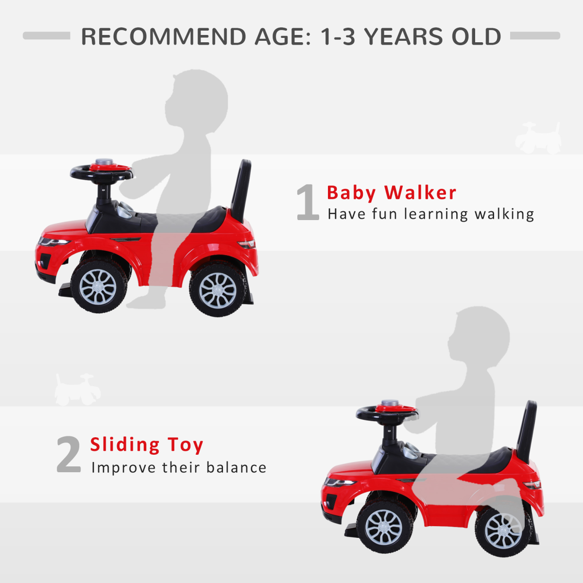 HOMCOM 3-in-1 Toddler Ride-On Car with Horn, Steering and Under-Seat Storage – Foot-to-Floor Slider, Red