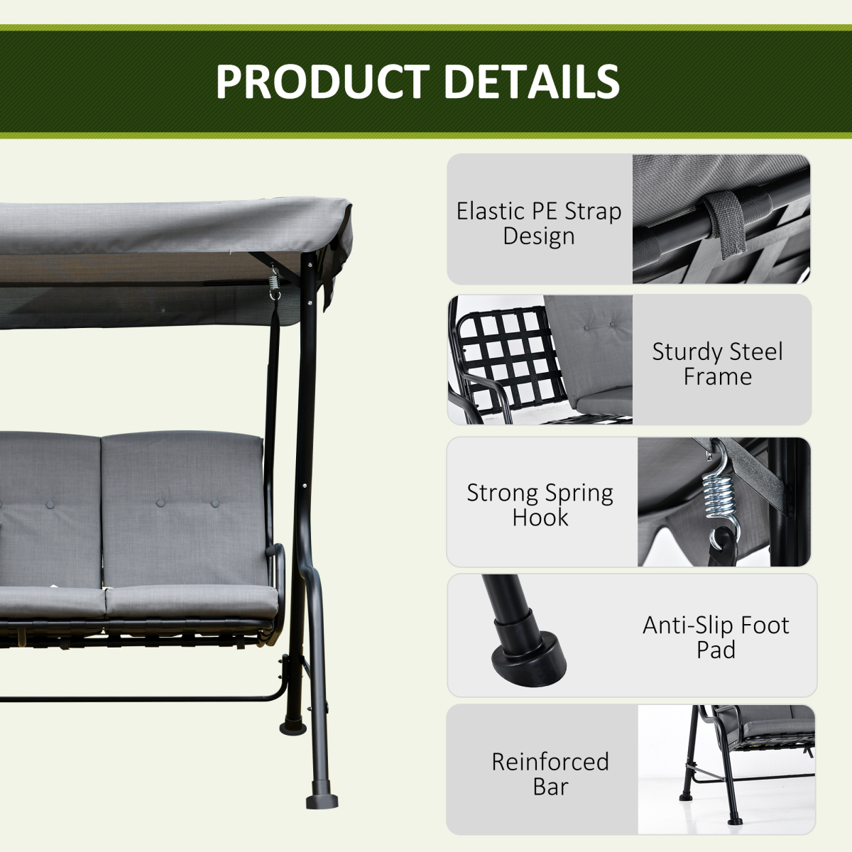 Outsunny 3 Seater Garden Swing Chair with Thick Padded Seat & Canopy – Bench Bed, Grey