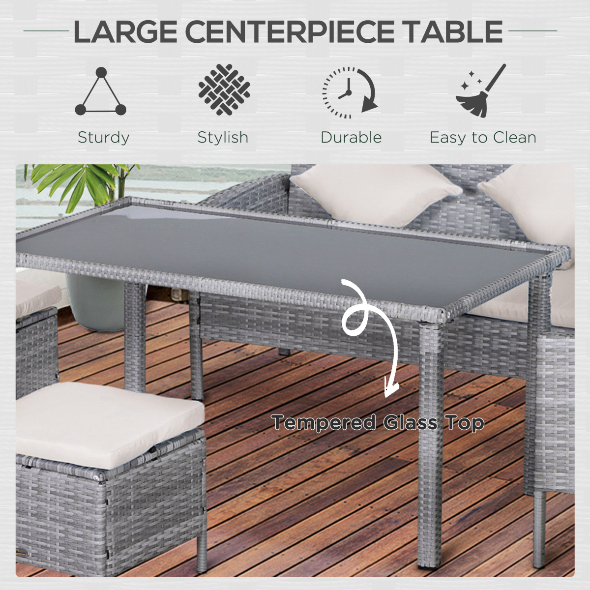 Outsunny 5-Piece PE Rattan Garden Set with 2-Seater Loungers, Footstools & Glass-Top Table – Patio Furniture