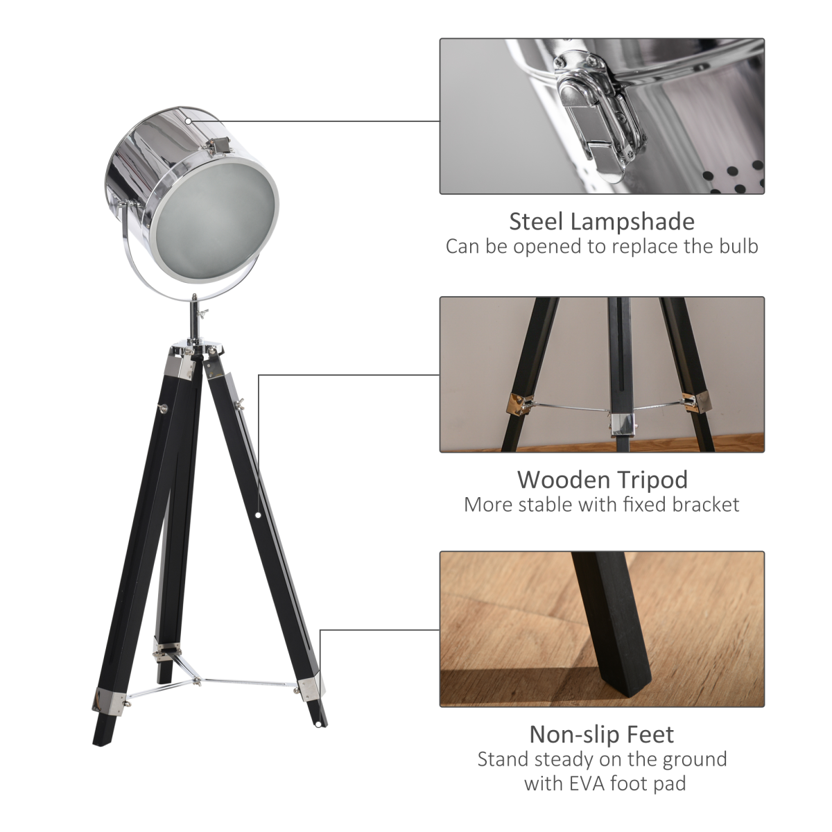 Industrial Adjustable Tripod Searchlight Floor Lamp, 110–155cm with Tilting Head – Reading Corner Lighting