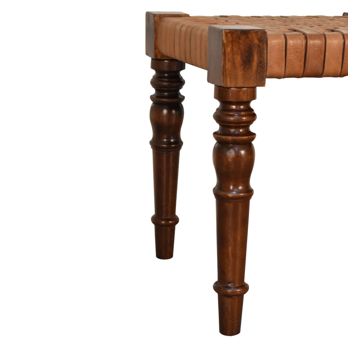 Artisan Furniture Solid Wood Woven Leather Top Footstool – Country Style Handcrafted Seat, Chestnut Finish, Brown