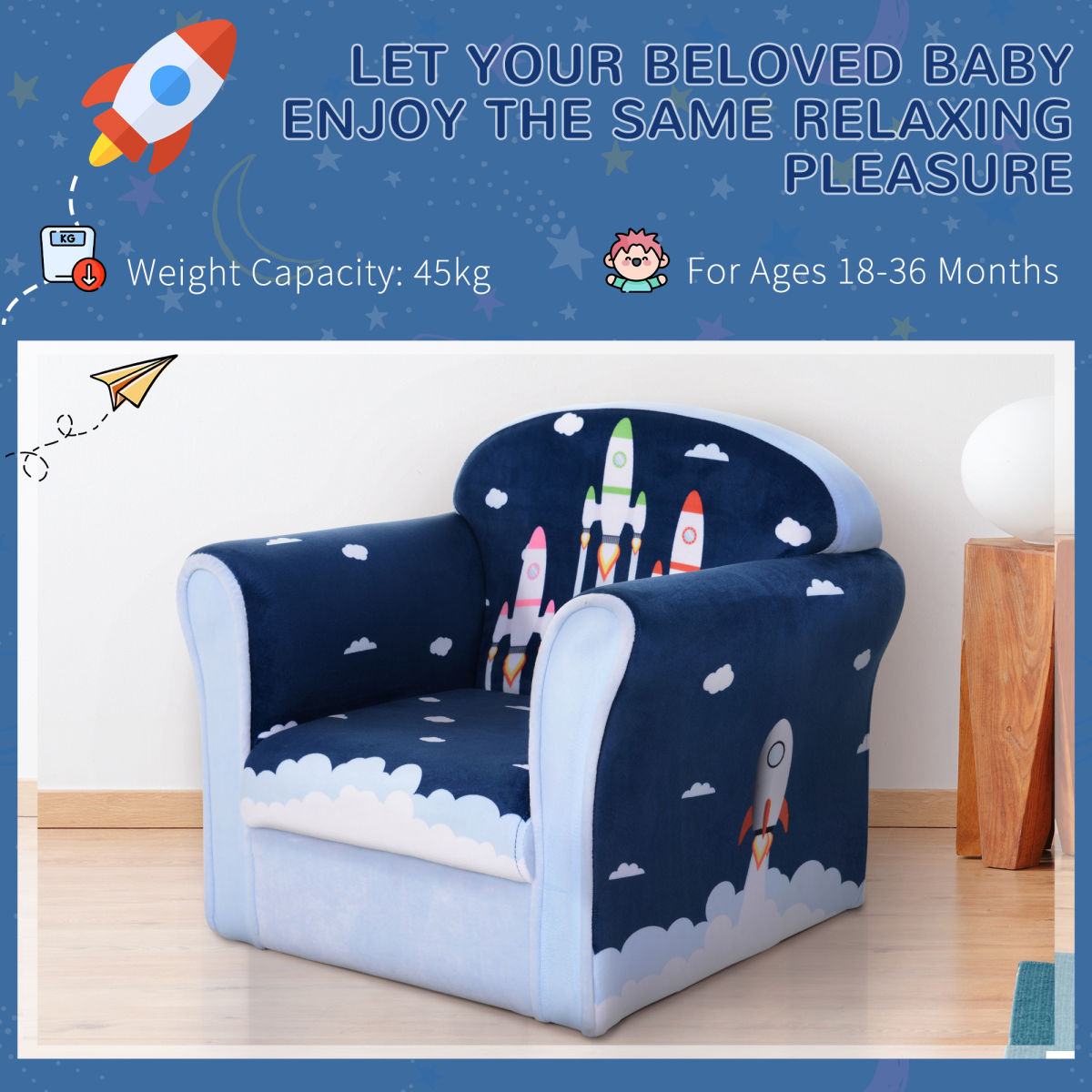 HOMCOM Kids Mini Sofa Armchair with Solid Wood Frame – Rocket Design Toddler Seat, 18 Months+