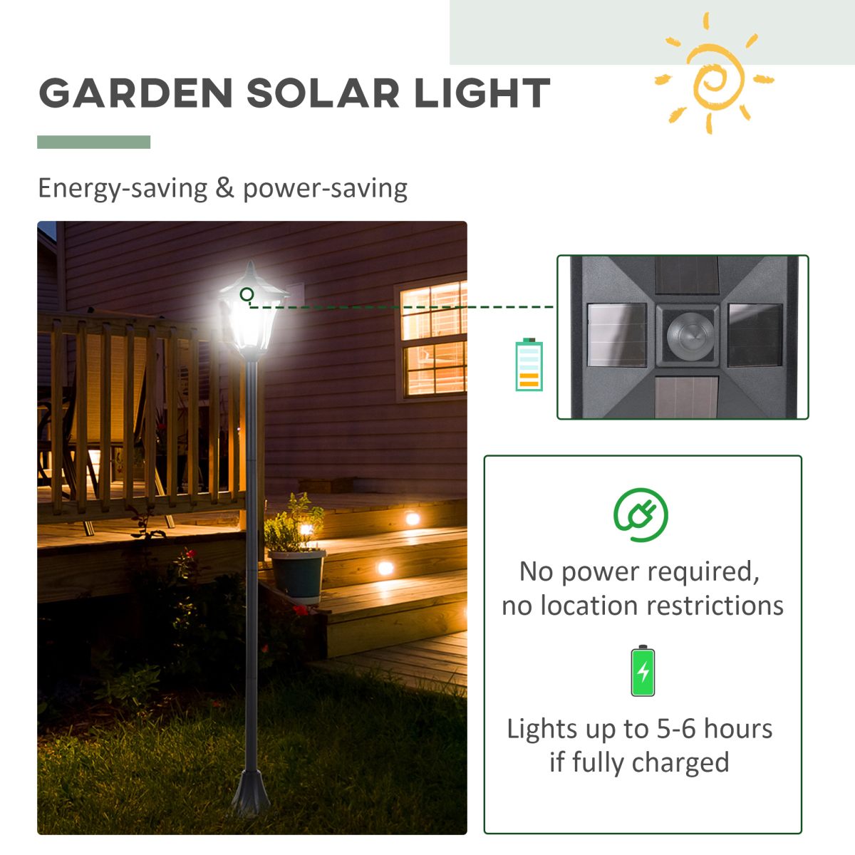 Solar Garden Post Lamp – Dimmable LED Bollard, 1.2m, Black