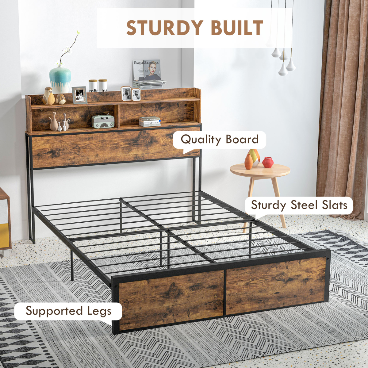 HOMCOM 4ft6 Double Metal Bed Frame with Storage Headboard & Under Bed Storage – Bedroom Furniture