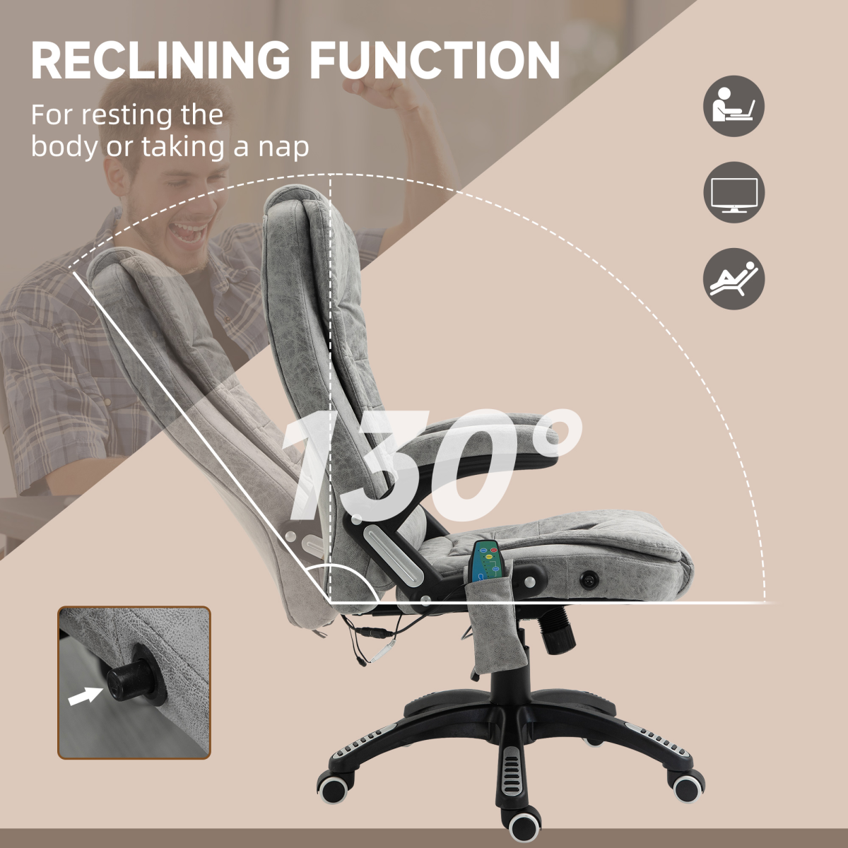 Executive Reclining Office Chair with Heated Massage & Headrest – Swivel Home Office Chair, Grey
