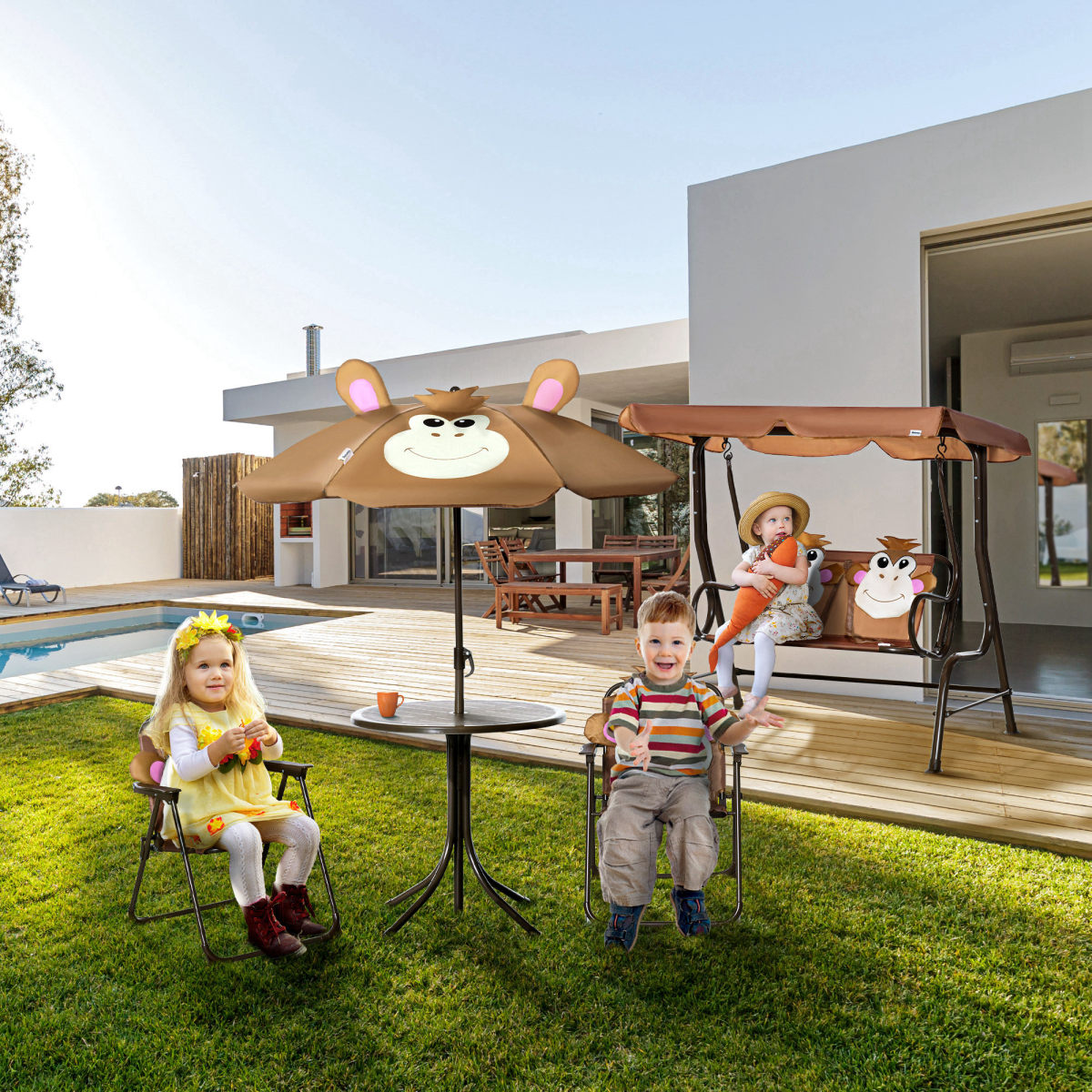 Outsunny Kids Foldable Four-Piece Garden Set with Table, Two Chairs and Monkey Umbrella – Ages 3-6
