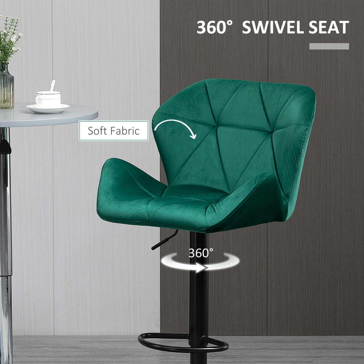 HOMCOM Set of 2 Velvet-Touch Bar Stools with Wing-Shaped Seats & Metal Footrest – Breakfast Bar Seating, Green