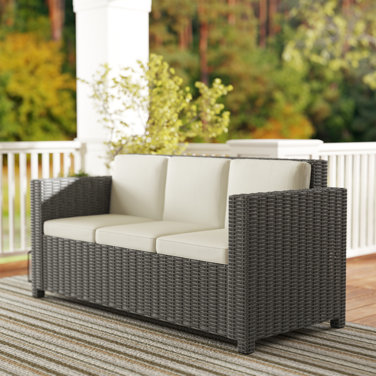 Outsunny Rattan Wicker 3-Seater Garden Sofa with Thick Cushions – Patio Furniture, Cream