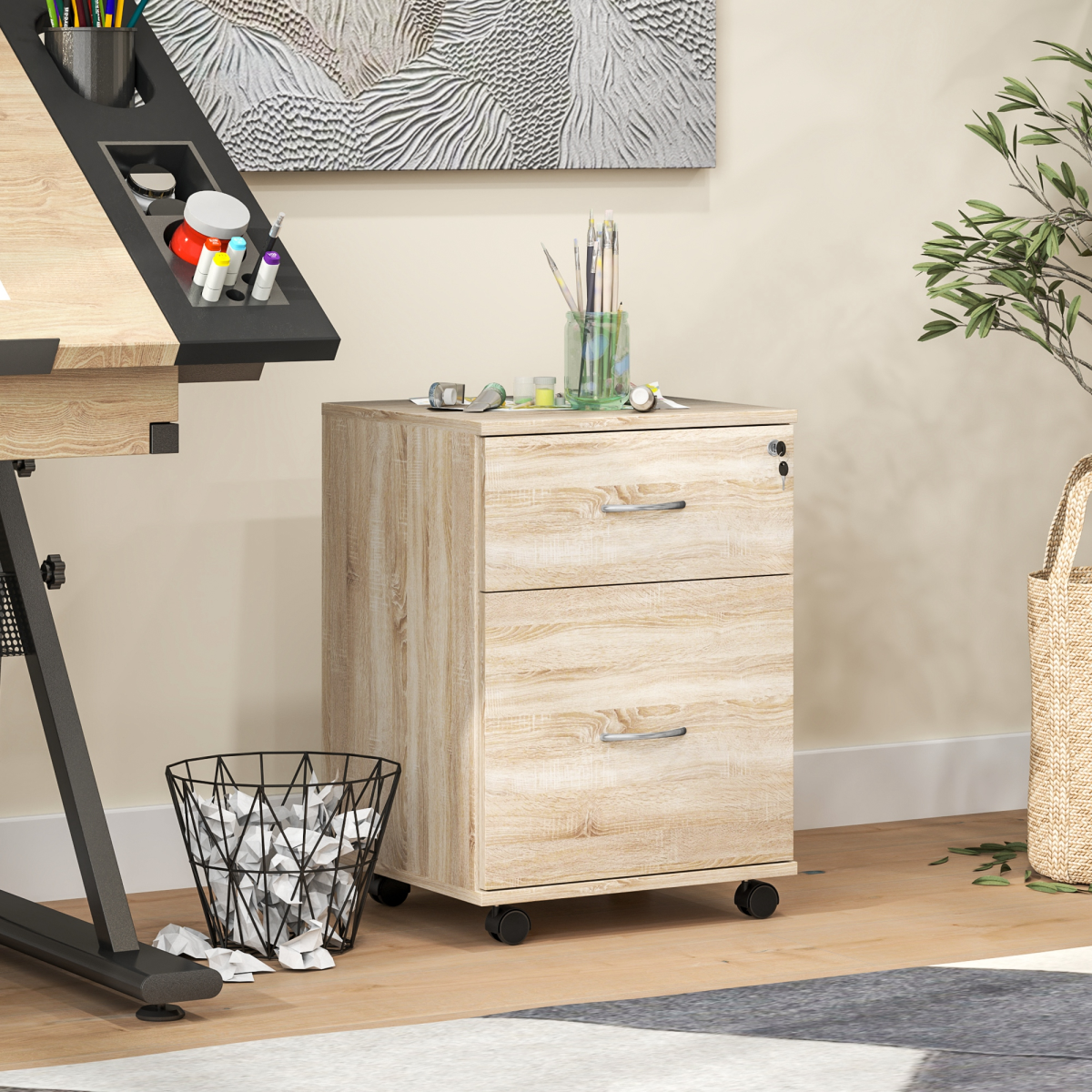 HOMCOM Mobile Pedestal Filing Cabinet with 2 Drawers, Lockable Top & Wheels – Office Storage, Oak Effect