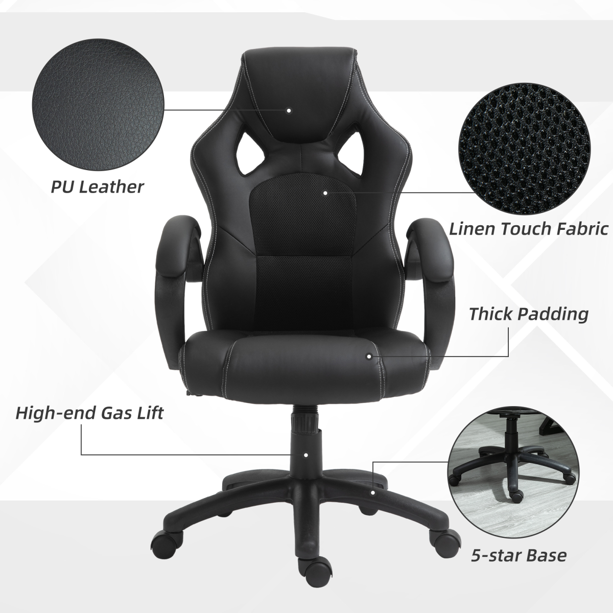 Vinsetto Executive Racing Gaming Chair with Adjustable Height and 360° Swivel – PU Leather Desk Chair, Black