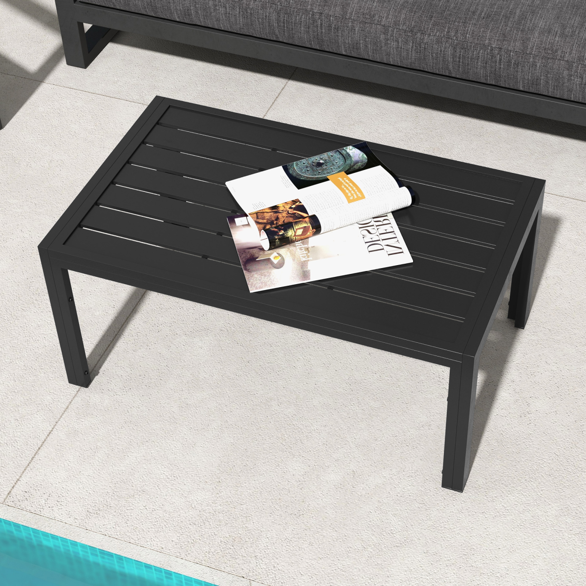Outsunny Outdoor Side Table with Slatted Top & Galvanised Steel Frame – Patio, Balcony & Garden Table, Black