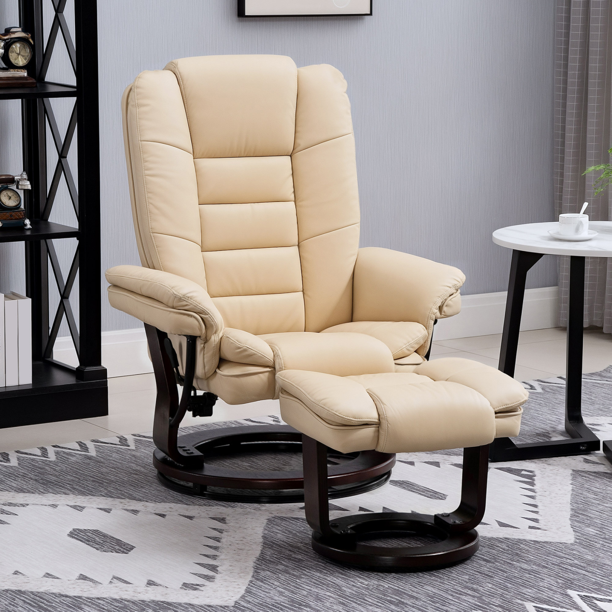 HOMCOM Swivel Manual Recliner Chair with Footrest Set – PU Leather Lounge Armchair, Beige