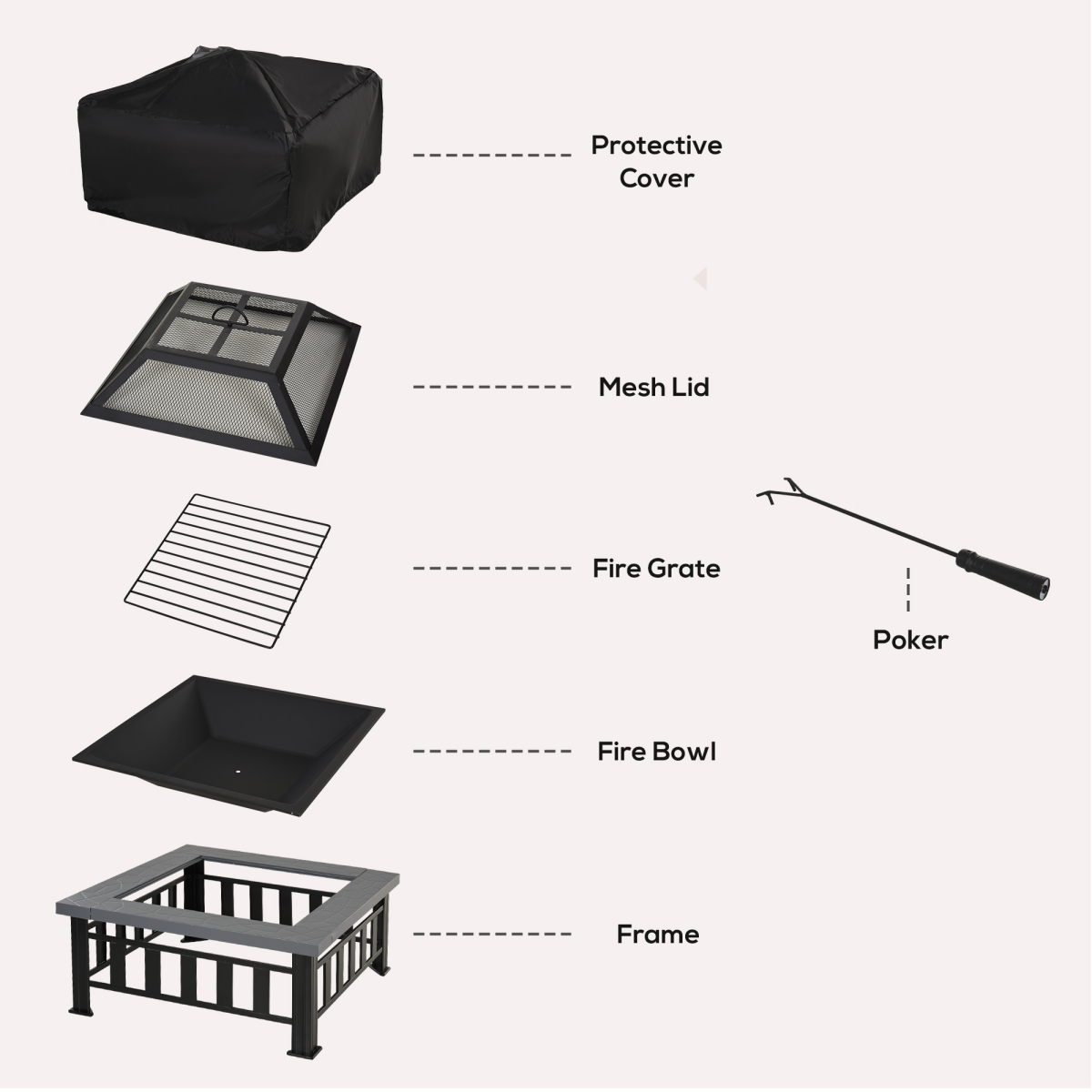 Outsunny Square Fire Pit with Faux Stone Tabletop and Waterproof Mesh Cover – Black/Grey