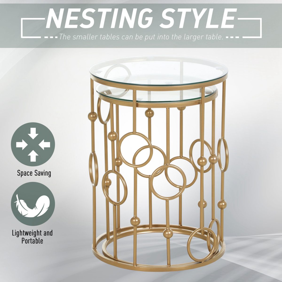 HOMCOM Set of 2 Gold Nesting Side Tables with Tempered Glass Tops – Space-Saving Coffee Tables